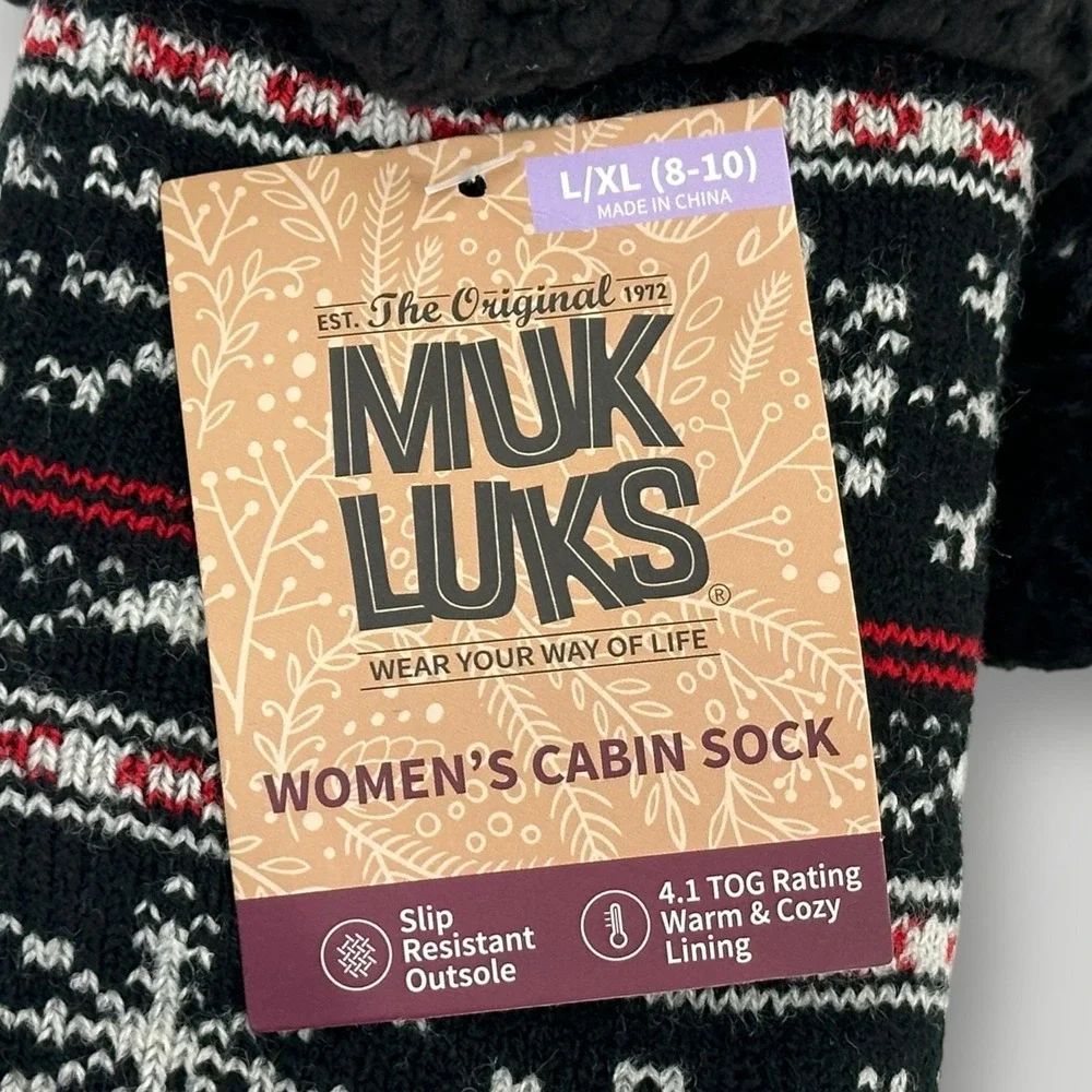 NEW‎ Muk Luks Cabin Socks Womens L XL Black Fair Isle Faux Fur Slipper Gripper